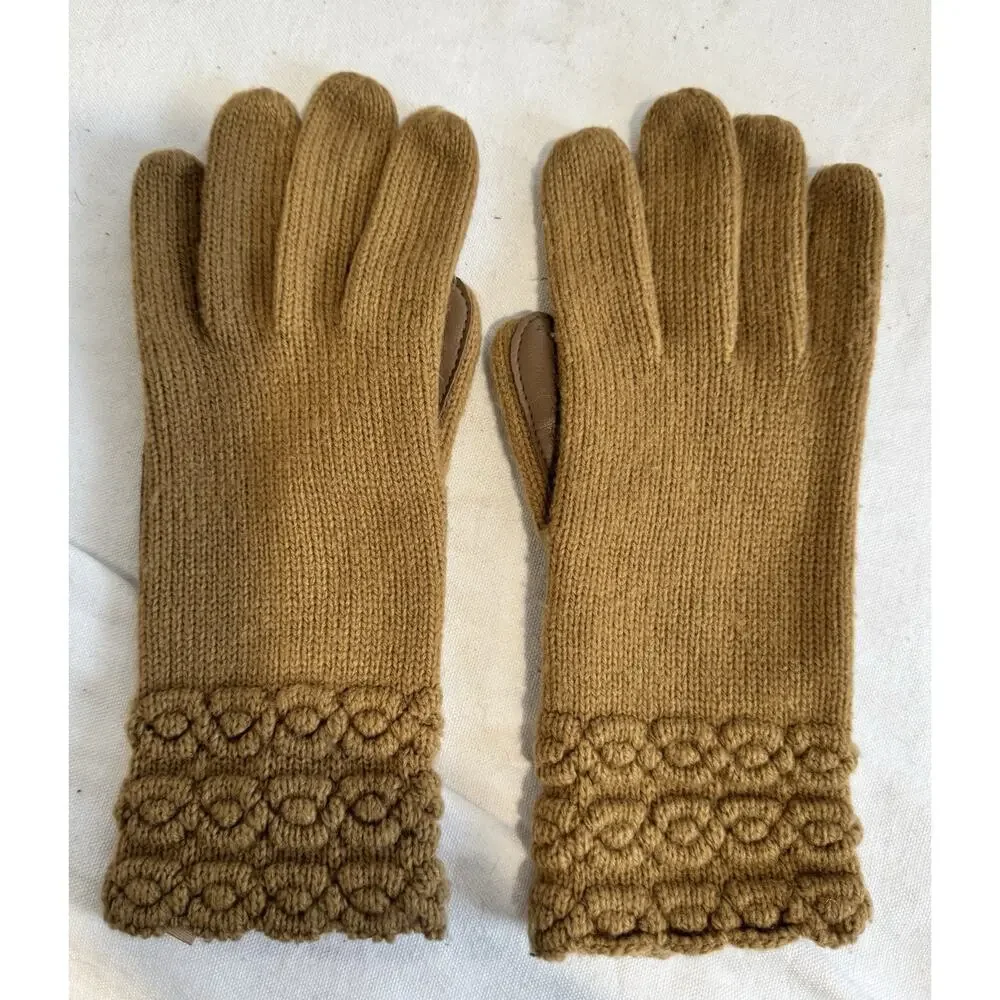 Aris VTG Tan Brown Cable Knit Genuine Leather Palms Gloves Womens One Size